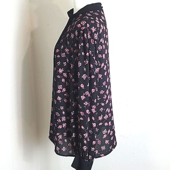 CeCe Black Blouse with Pink Flowers, Black Stand-up Collar, Size XL - Picture 5 of 9